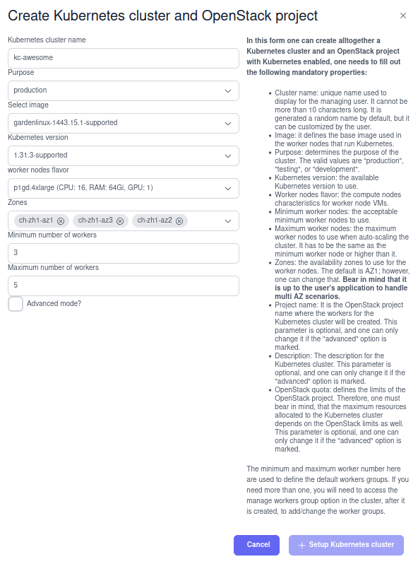 Menüansicht des Managed Kubernetes Service im Cloud Services Portal